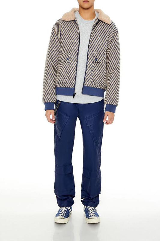 Faux Shearling-Collar Striped Jacket